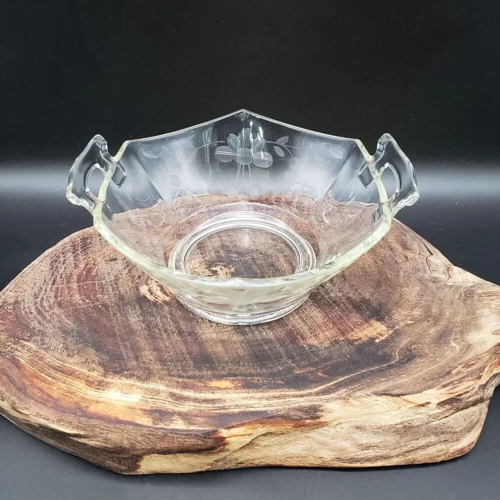 Vintage Etched Glass Double Handle Footed Bowl Floral Serving Dish